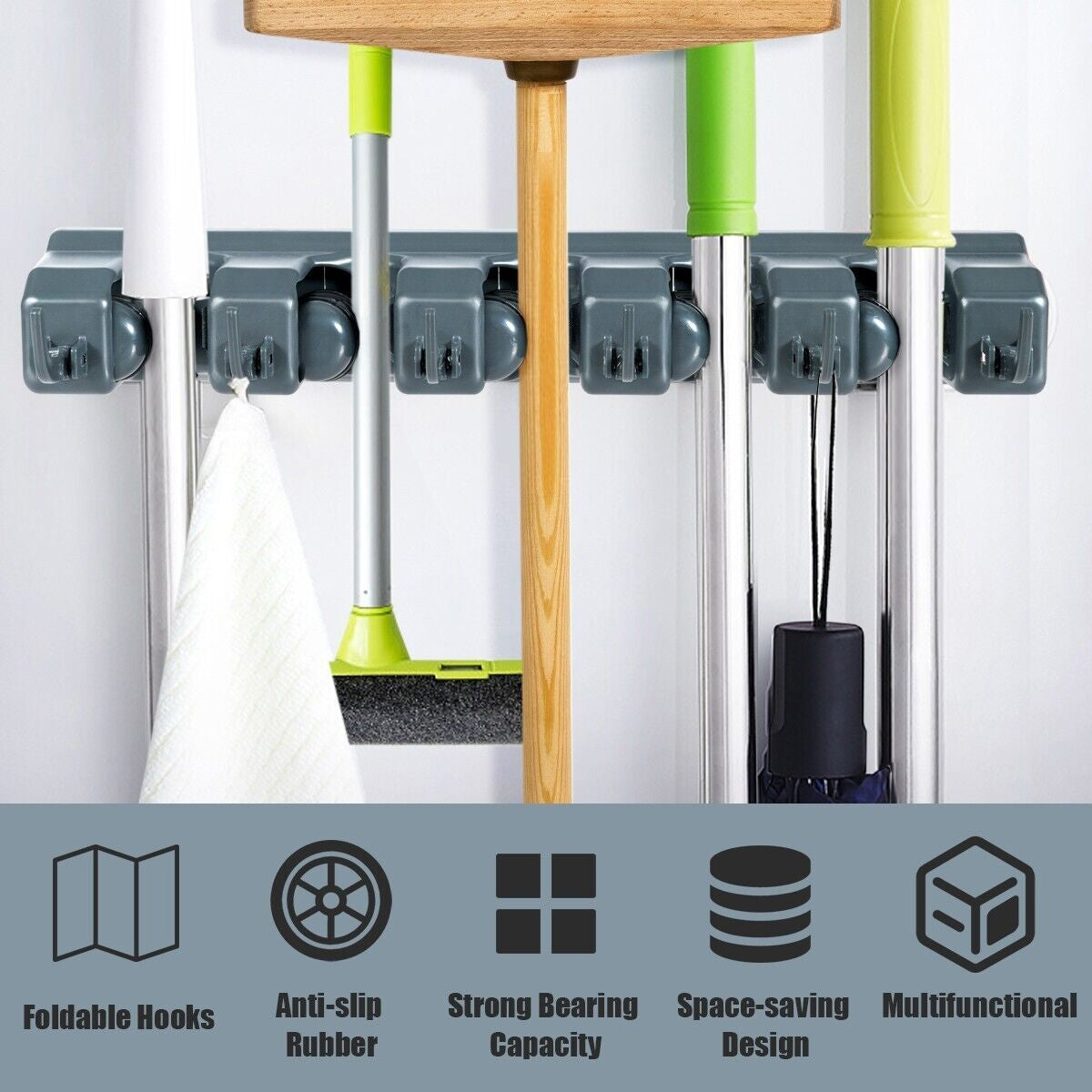 Wall-Mounted Broom Holder with 6 Expansion Screws